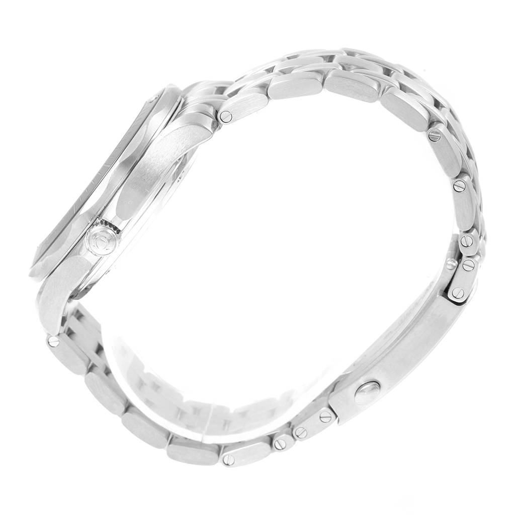 The image shows a side view of the Omega Seamaster 212.30.41.20.01.003 Men
s Stainless Steel Black Dial 212.30.41.20.01.003 Men
s Stainless Steel Black Dial watch focusing on its metal bracelet and watch case.