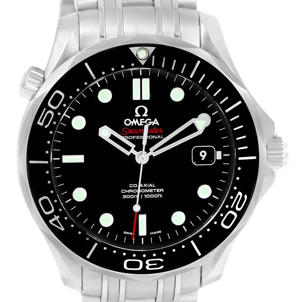 The image shows a front view of the Omega Seamaster 212.30.41.20.01.003 Men
s Stainless Steel Black Dial 212.30.41.20.01.003 Men
s Stainless Steel Black Dial watch face, bezel, and part of the stainless steel bracelet.