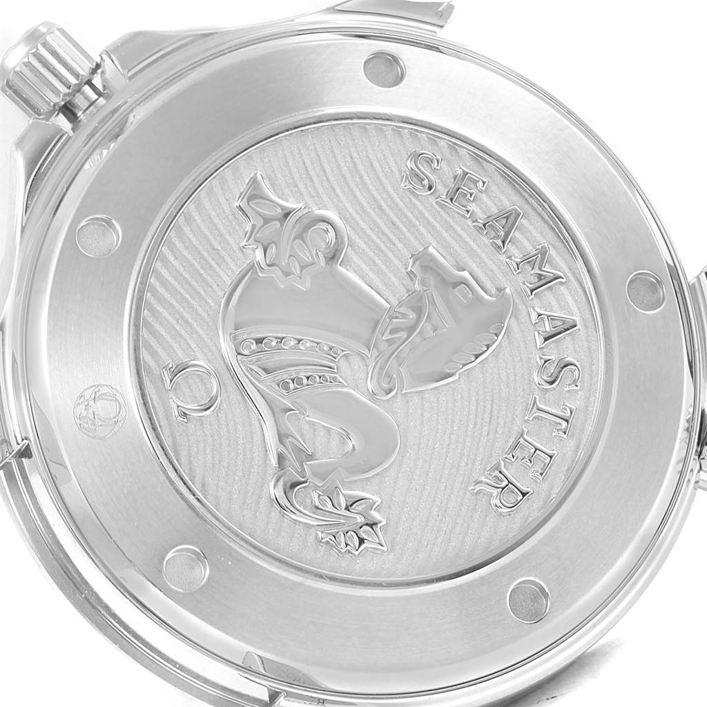 The image shows the back casing of an Omega Seamaster 212.30.41.20.01.003 Men
s Stainless Steel Black Dial 212.30.41.20.01.003 Men
s Stainless Steel Black Dial model watch, featuring an engraved emblem and text.