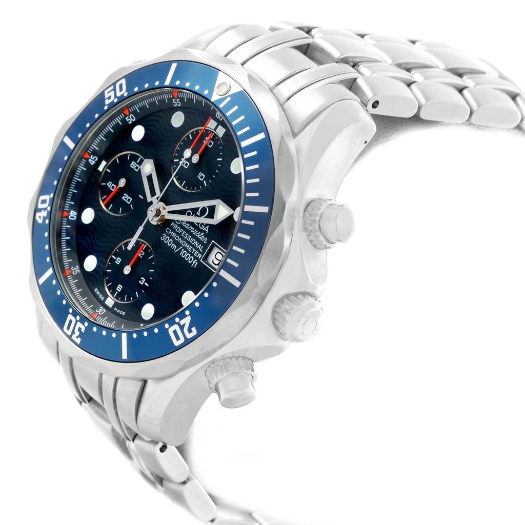 The image shows an angled view of the Omega Seamaster 2599.80.00 Men
s Stainless Steel Blue Dial 2599.80.00 Men
s Stainless Steel Blue Dial watch, highlighting its bezel, face, chronographs, and part of the bracelet.