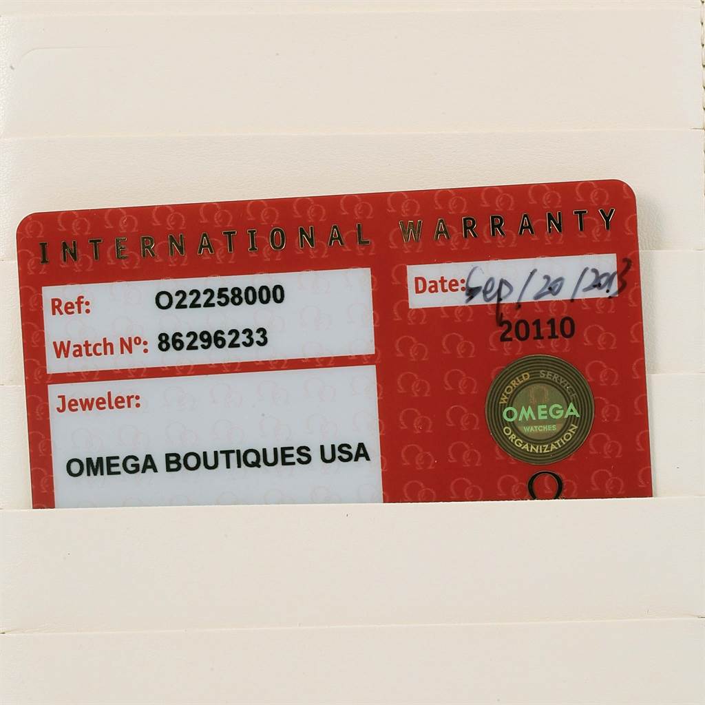 The image shows the International Warranty card for an Omega Seamaster 2599.80.00 Men
s Stainless Steel Blue Dial 2599.80.00 Men
s Stainless Steel Blue Dial watch.