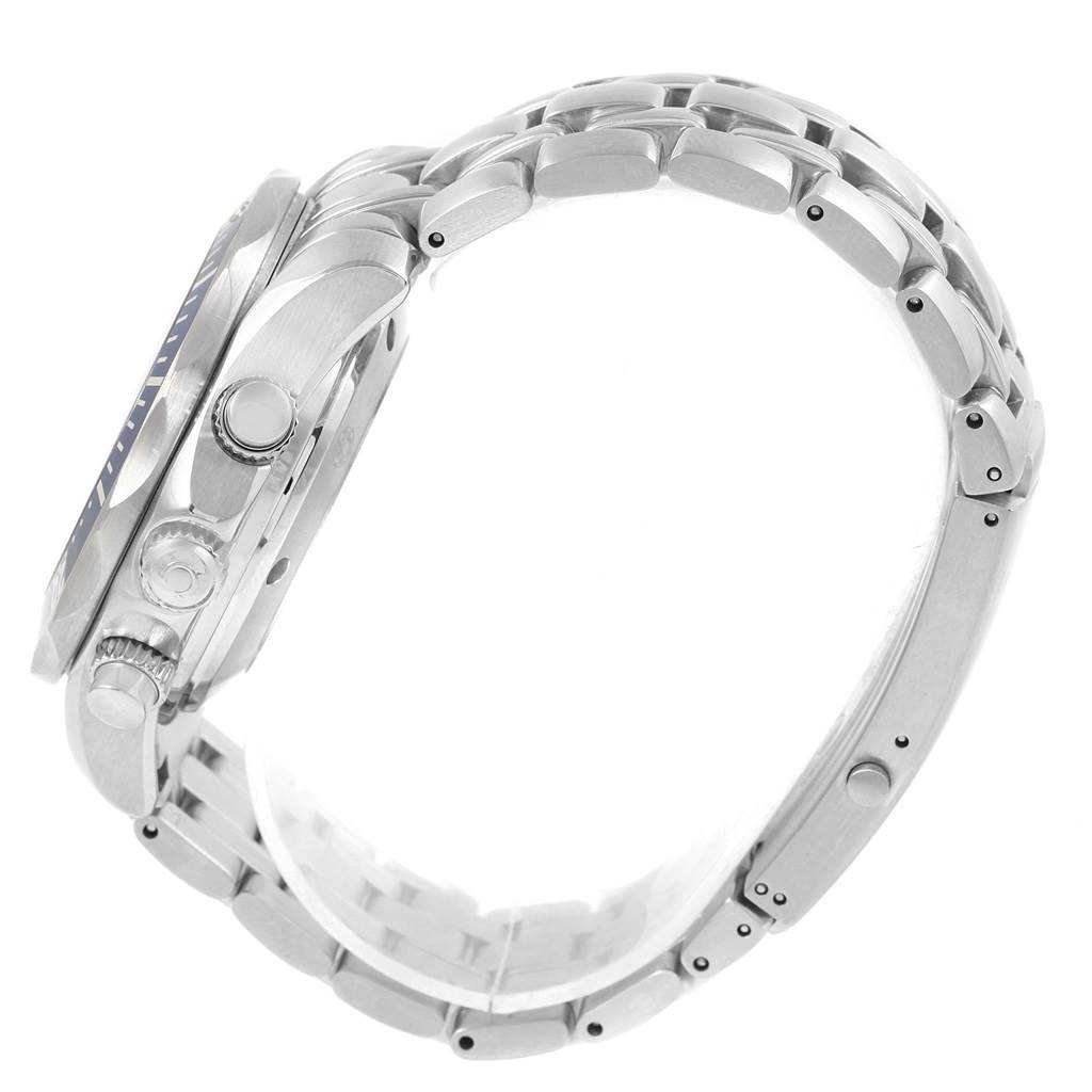 The image shows a side profile of an Omega Seamaster 2599.80.00 Men
s Stainless Steel Blue Dial 2599.80.00 Men
s Stainless Steel Blue Dial watch, highlighting the metal bracelet, bezel, pushers, and crown.