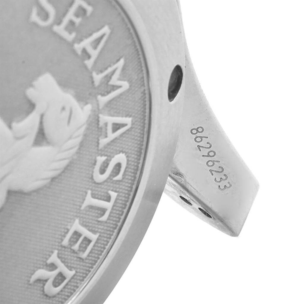 The image shows a close-up of the case back and part of the lugs of an Omega Seamaster 2599.80.00 Men
s Stainless Steel Blue Dial 2599.80.00 Men
s Stainless Steel Blue Dial watch.