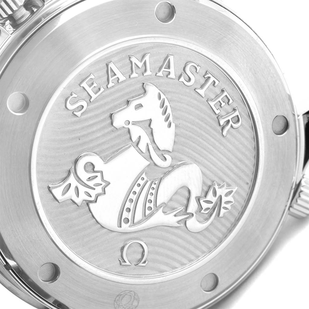 This is a close-up of the case back of the Omega Seamaster 212.30.41.20.01.003 Men
s Stainless Steel Black Dial 212.30.41.20.01.003 Men
s Stainless Steel Black Dial watch, showcasing its logo and emblem.