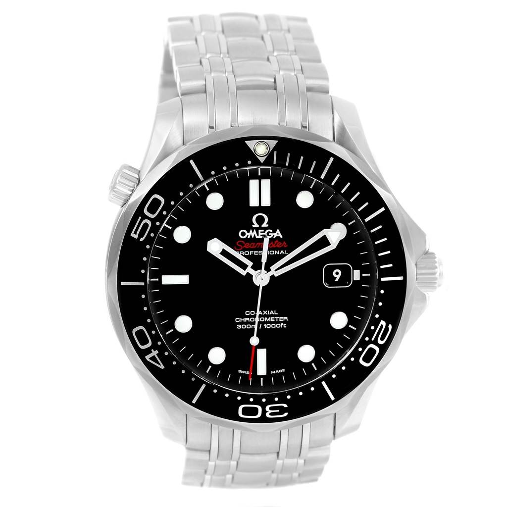 The image shows a front view of the Omega Seamaster 212.30.41.20.01.003 Men
s Stainless Steel Black Dial 212.30.41.20.01.003 Men
s Stainless Steel Black Dial, displaying the dial, bezel, and bracelet.