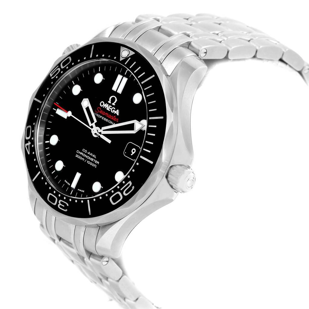 The Omega Seamaster 212.30.41.20.01.003 Men
s Stainless Steel Black Dial 212.30.41.20.01.003 Men
s Stainless Steel Black Dial is shown at an oblique angle displaying the face, bezel, crown, and part of the metal bracelet.