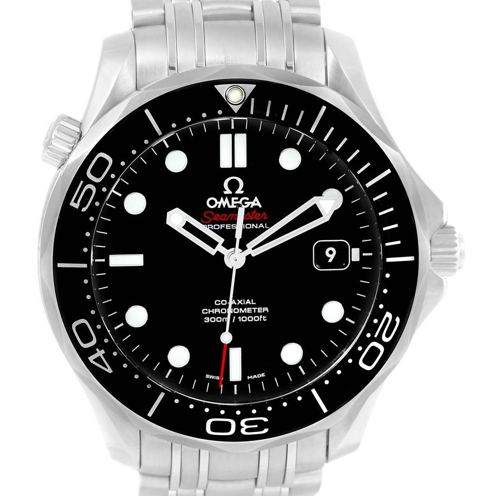 The image shows a front view of an Omega Seamaster 212.30.41.20.01.003 Men
s Stainless Steel Black Dial 212.30.41.20.01.003 Men
s Stainless Steel Black Dial watch, highlighting its dial, bezel, hands, and metal bracelet.