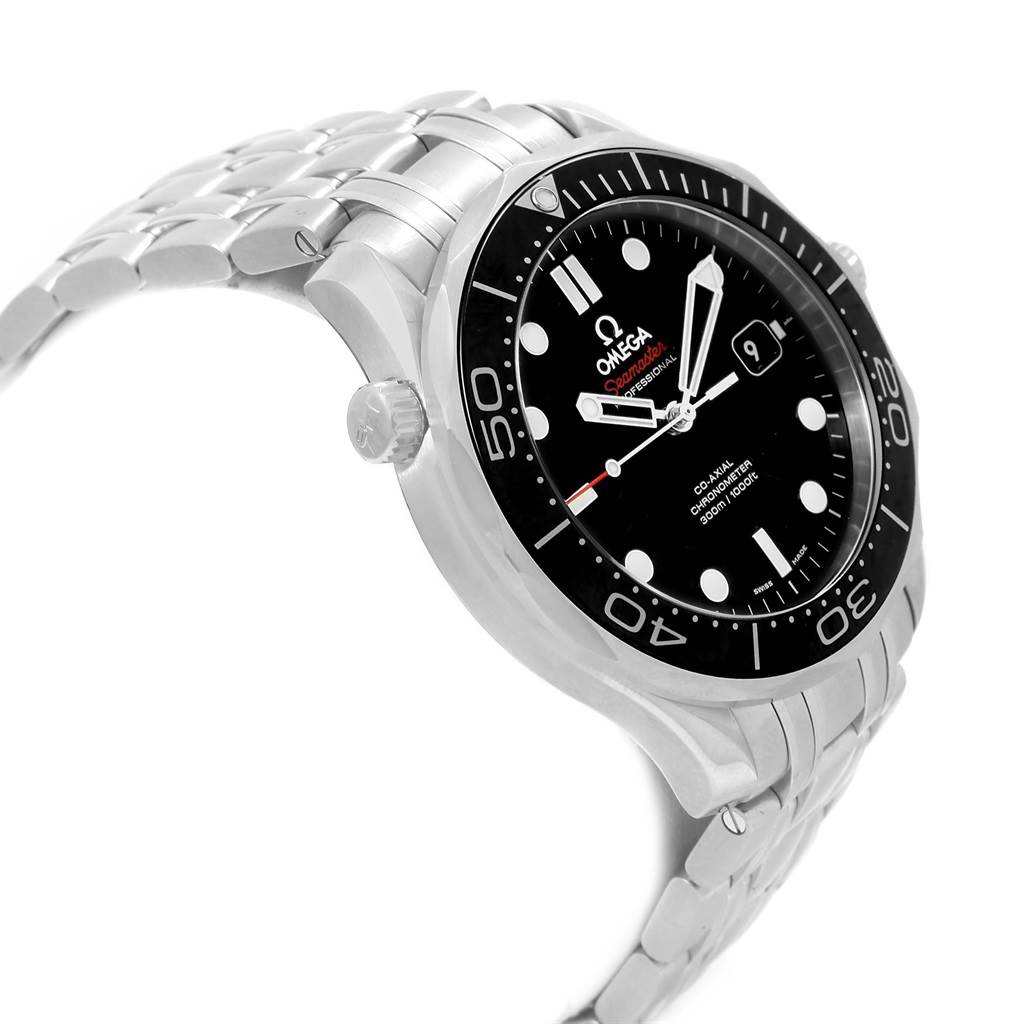 The image shows a side angle of the Omega Seamaster 212.30.41.20.01.003 Men
s Stainless Steel Black Dial 212.30.41.20.01.003 Men
s Stainless Steel Black Dial watch, highlighting its black dial and stainless steel bracelet.