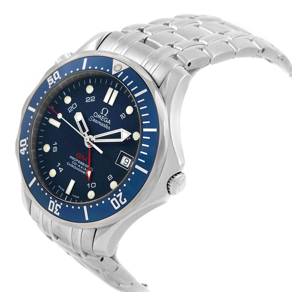 The Omega Seamaster 2535.80.00 Stainless Steel Blue Dial 2535.80.00 Stainless Steel Blue Dial watch is shown at an angle highlighting its face, bezel, crown, and stainless steel bracelet.