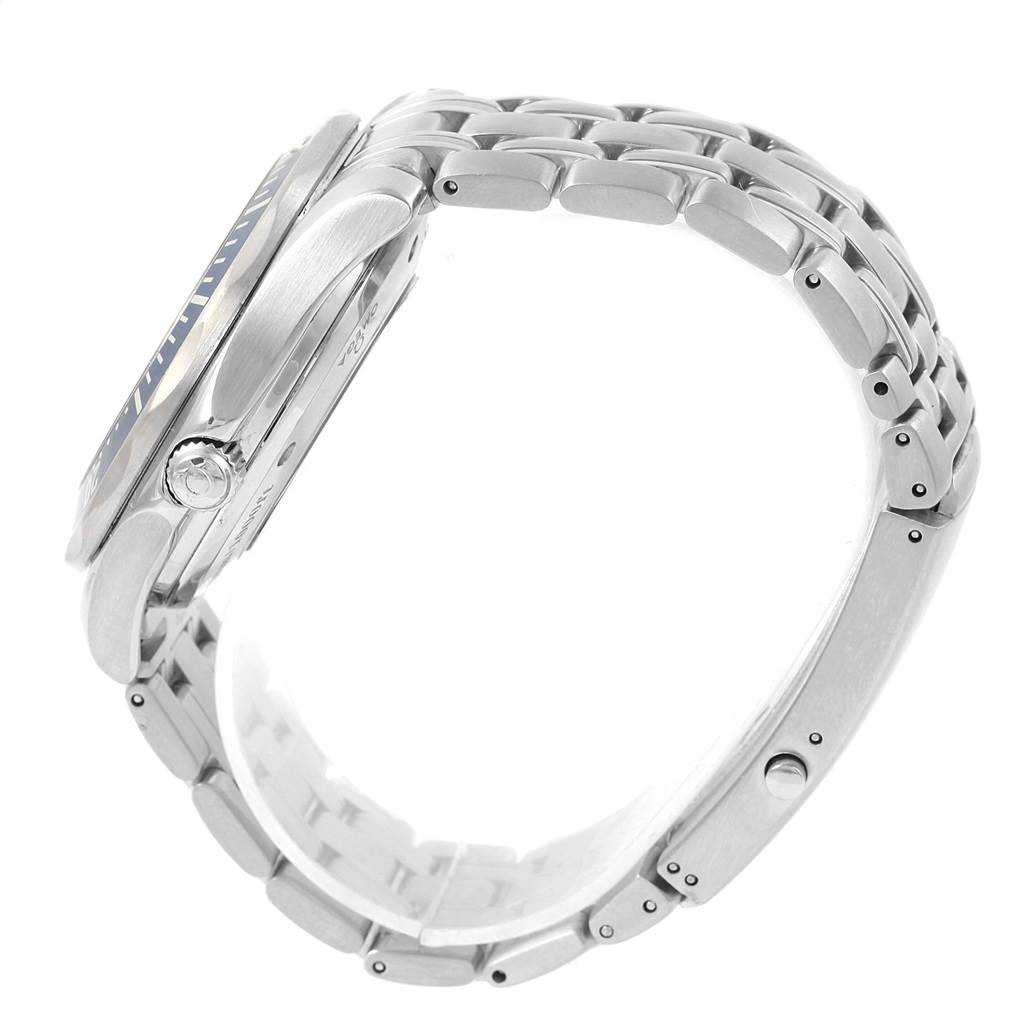 The image shows a side view of the Omega Seamaster 2535.80.00 Stainless Steel Blue Dial 2535.80.00 Stainless Steel Blue Dial watch, highlighting the case, crown, and metal bracelet.