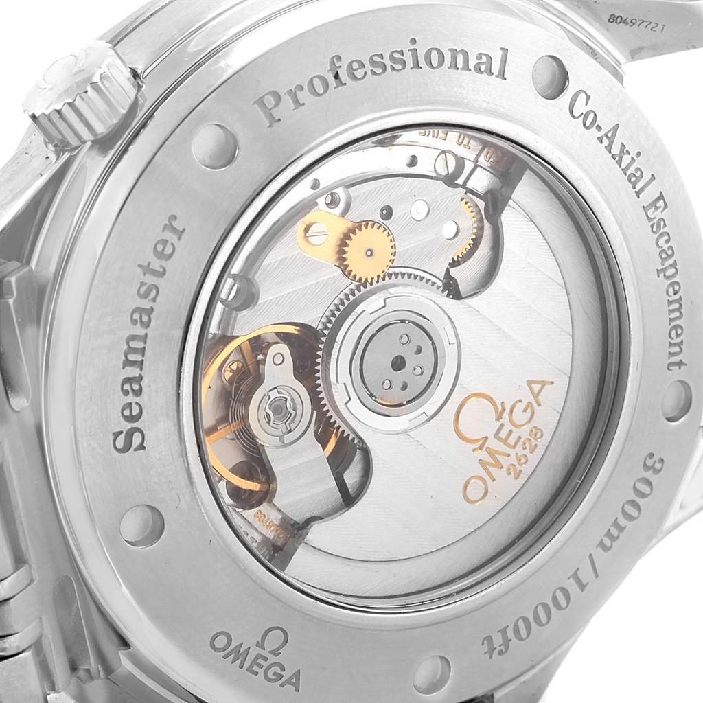 The image shows the back of the Omega Seamaster 2535.80.00 Stainless Steel Blue Dial 2535.80.00 Stainless Steel Blue Dial watch, highlighting its Co-Axial movement and internal mechanical components.