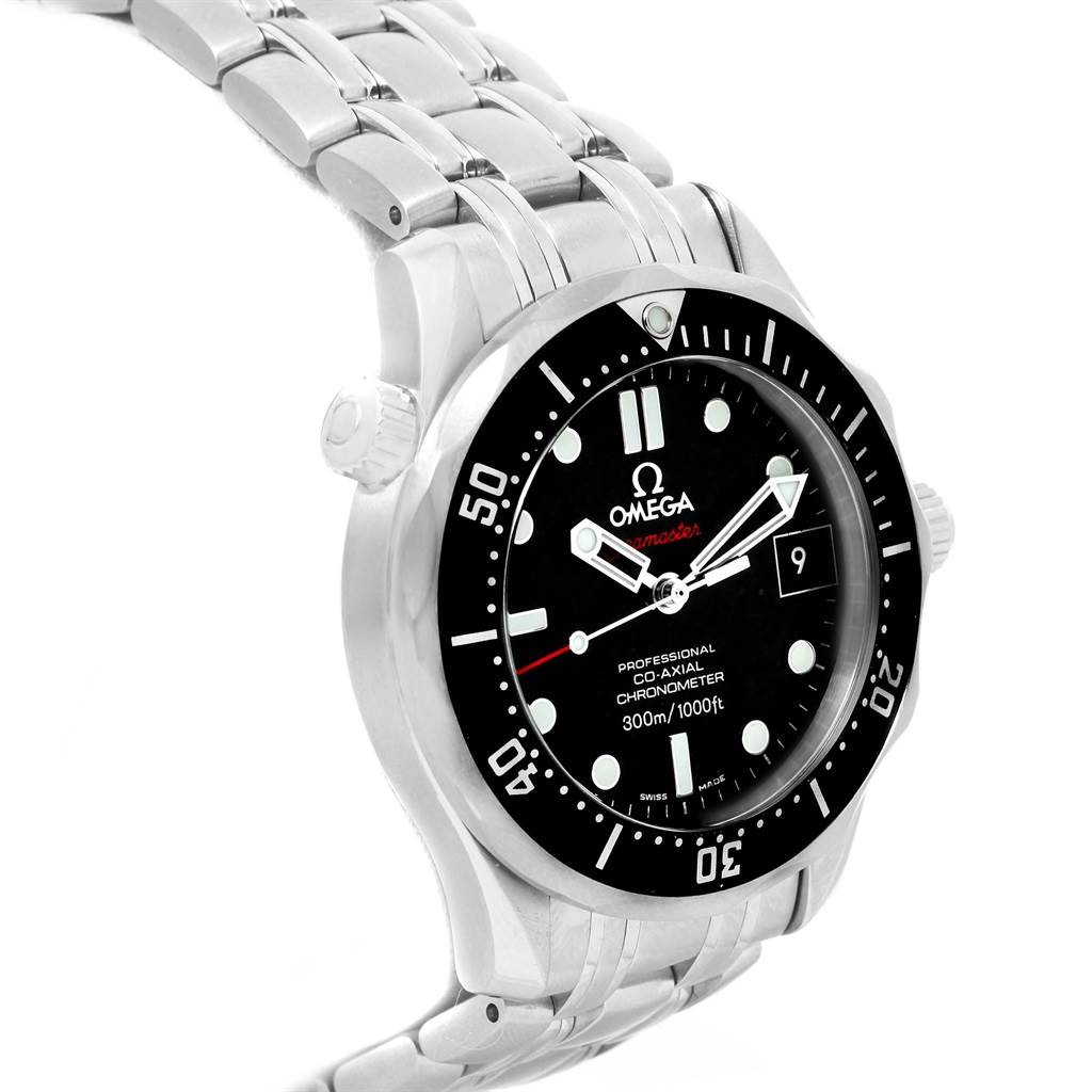 The image shows an angled view of an Omega Seamaster 212.30.36.20.01.001 Men's Stainless Steel Black Dial 212.30.36.20.01.001 Men's Stainless Steel Black Dial watch, highlighting the dial, bezel, and metal bracelet.