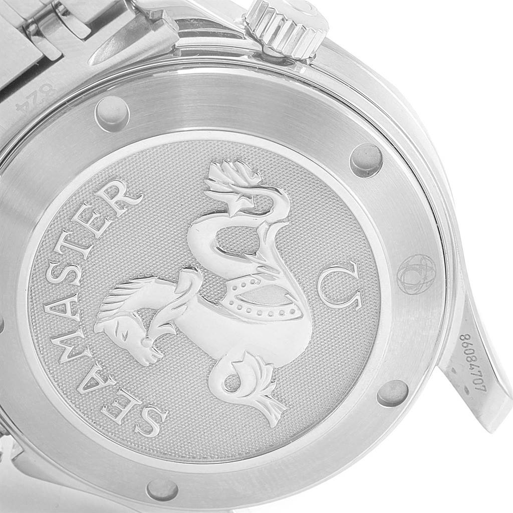 The image shows the back case of an Omega Seamaster 212.30.36.20.01.001 Men's Stainless Steel Black Dial 212.30.36.20.01.001 Men's Stainless Steel Black Dial watch, featuring the engraved logo and crown.