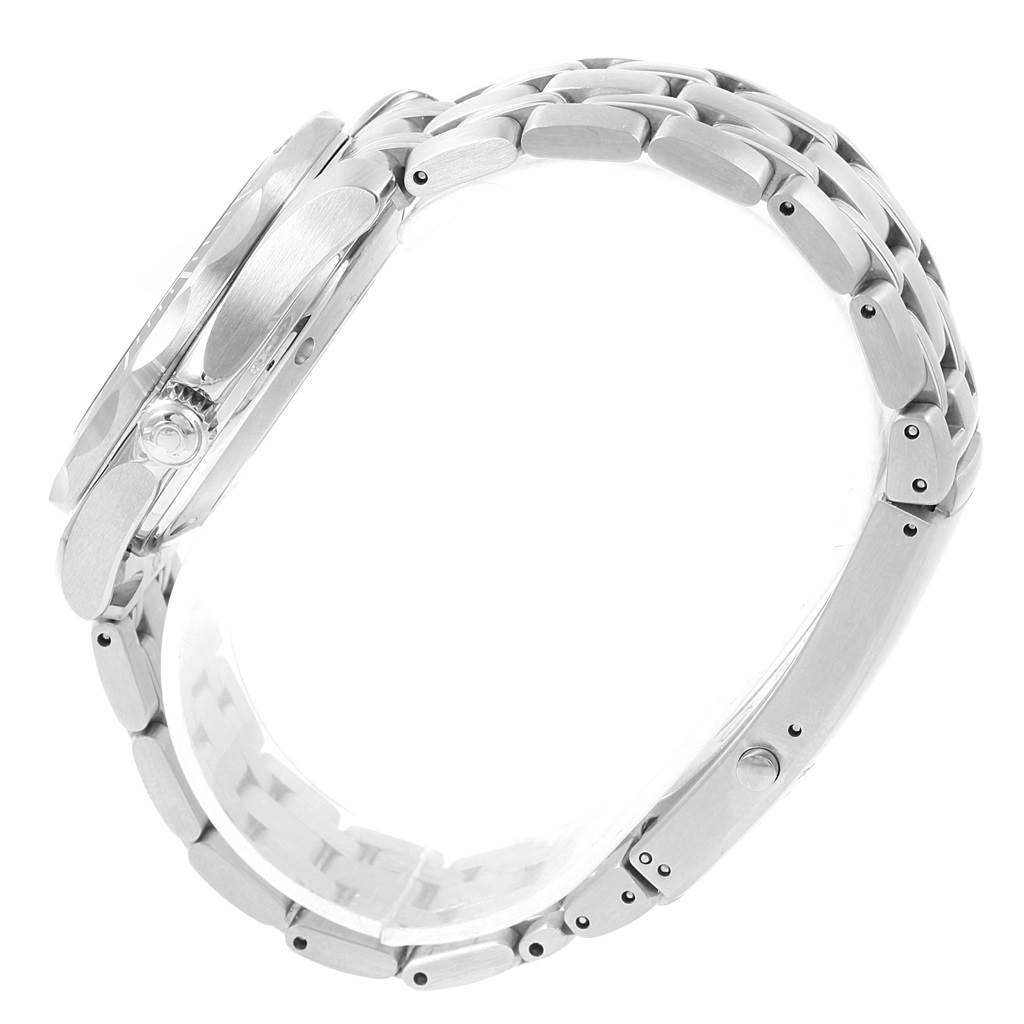 The image shows a side view of the Omega Seamaster 212.30.36.20.01.001 Men's Stainless Steel Black Dial 212.30.36.20.01.001 Men's Stainless Steel Black Dial watch, highlighting the bracelet and crown.