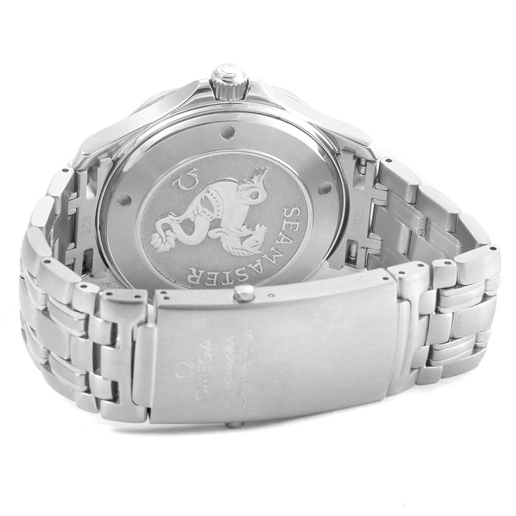 The image shows the back case and bracelet clasp of an Omega Seamaster 2220.80.00 Men
s Stainless Steel Blue Dial 2220.80.00 Men
s Stainless Steel Blue Dial watch from a rear angle.