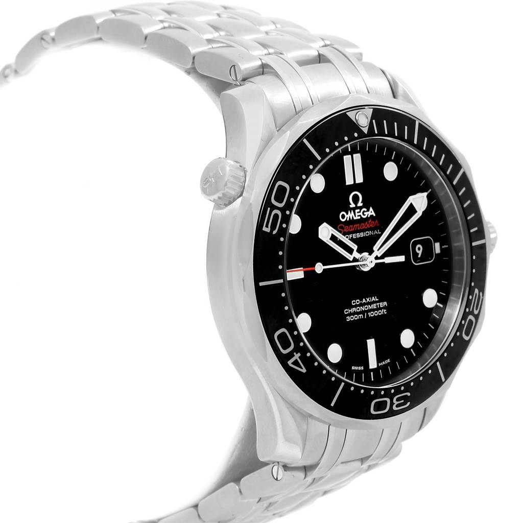 The image shows a side-angle view of an Omega Seamaster 212.30.41.20.01.003 Men
s Stainless Steel Black Dial 212.30.41.20.01.003 Men
s Stainless Steel Black Dial watch, highlighting the dial, bezel, crown, and part of the bracelet.