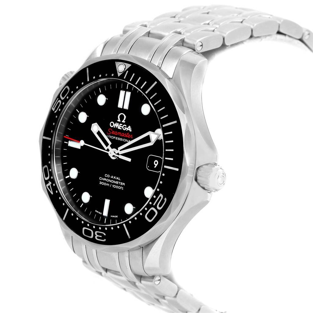 The image shows the Omega Seamaster 212.30.41.20.01.003 Men
s Stainless Steel Black Dial 212.30.41.20.01.003 Men
s Stainless Steel Black Dial watch at a slight angle, highlighting its face, bezel, and stainless steel bracelet.