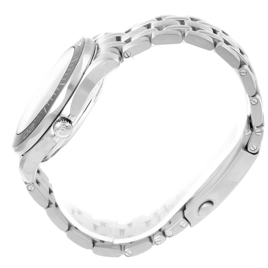 This side view image of the Omega Seamaster 212.30.41.20.01.003 Men
s Stainless Steel Black Dial 212.30.41.20.01.003 Men
s Stainless Steel Black Dial watch displays its bezel, crown, and stainless steel bracelet.