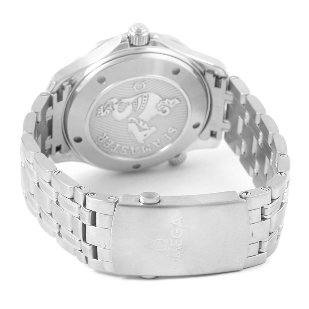 This image shows the back of an Omega Seamaster 212.30.41.20.01.003 Men
s Stainless Steel Black Dial 212.30.41.20.01.003 Men
s Stainless Steel Black Dial watch, focusing on the case back, bracelet, and clasp.