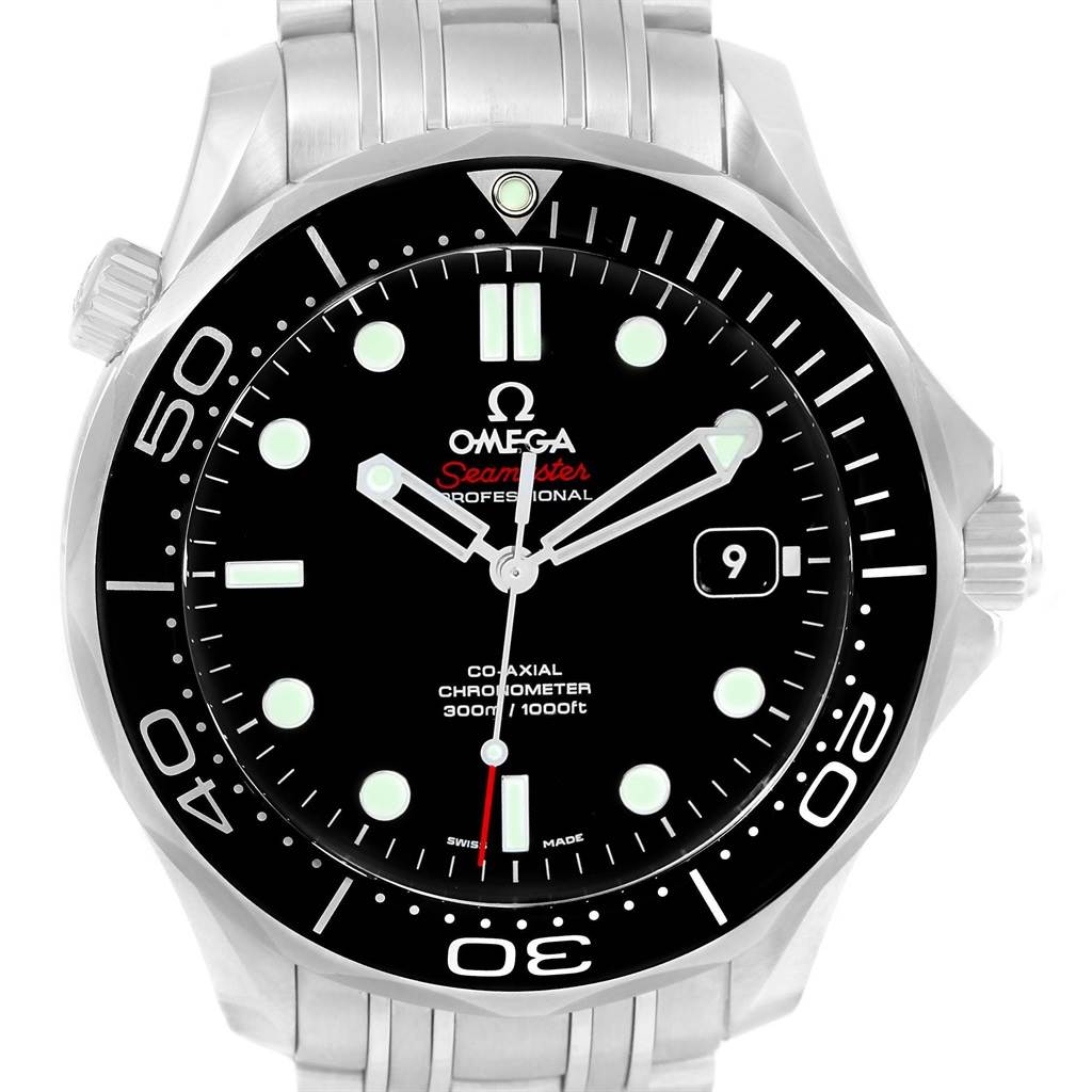 The image shows a front view of an Omega Seamaster 212.30.41.20.01.003 Men
s Stainless Steel Black Dial 212.30.41.20.01.003 Men
s Stainless Steel Black Dial watch, highlighting its dial, bezel, and part of the stainless steel strap.