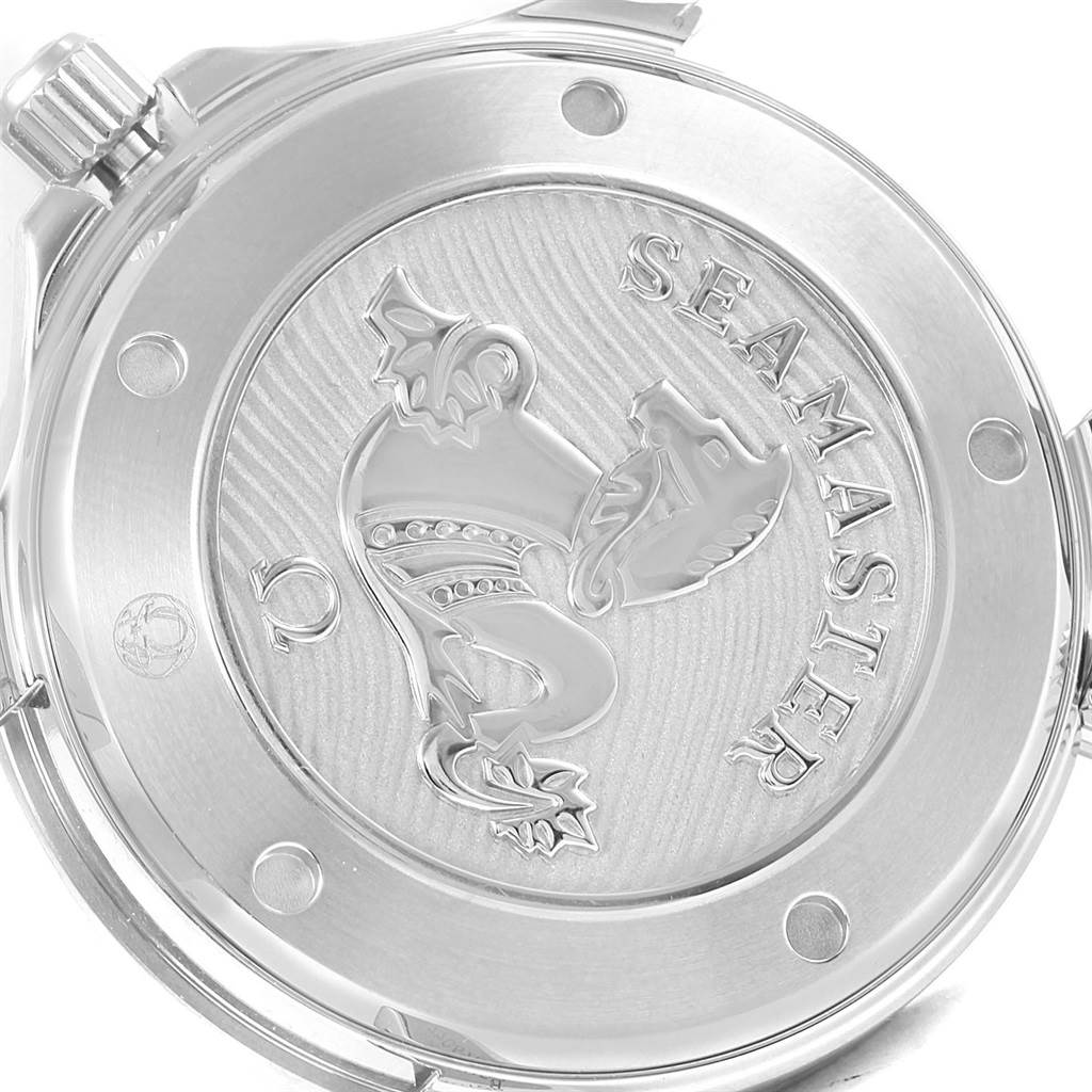 The image shows the case back of an Omega Seamaster 212.30.41.20.01.003 Men
s Stainless Steel Black Dial 212.30.41.20.01.003 Men
s Stainless Steel Black Dial watch with engraved design and text.