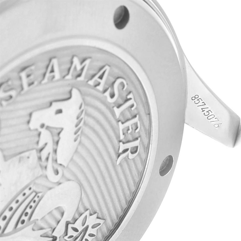 This image shows the back case of an Omega Seamaster 212.30.41.20.01.003 Men
s Stainless Steel Black Dial 212.30.41.20.01.003 Men
s Stainless Steel Black Dial watch, highlighting its engraved design and serial number.