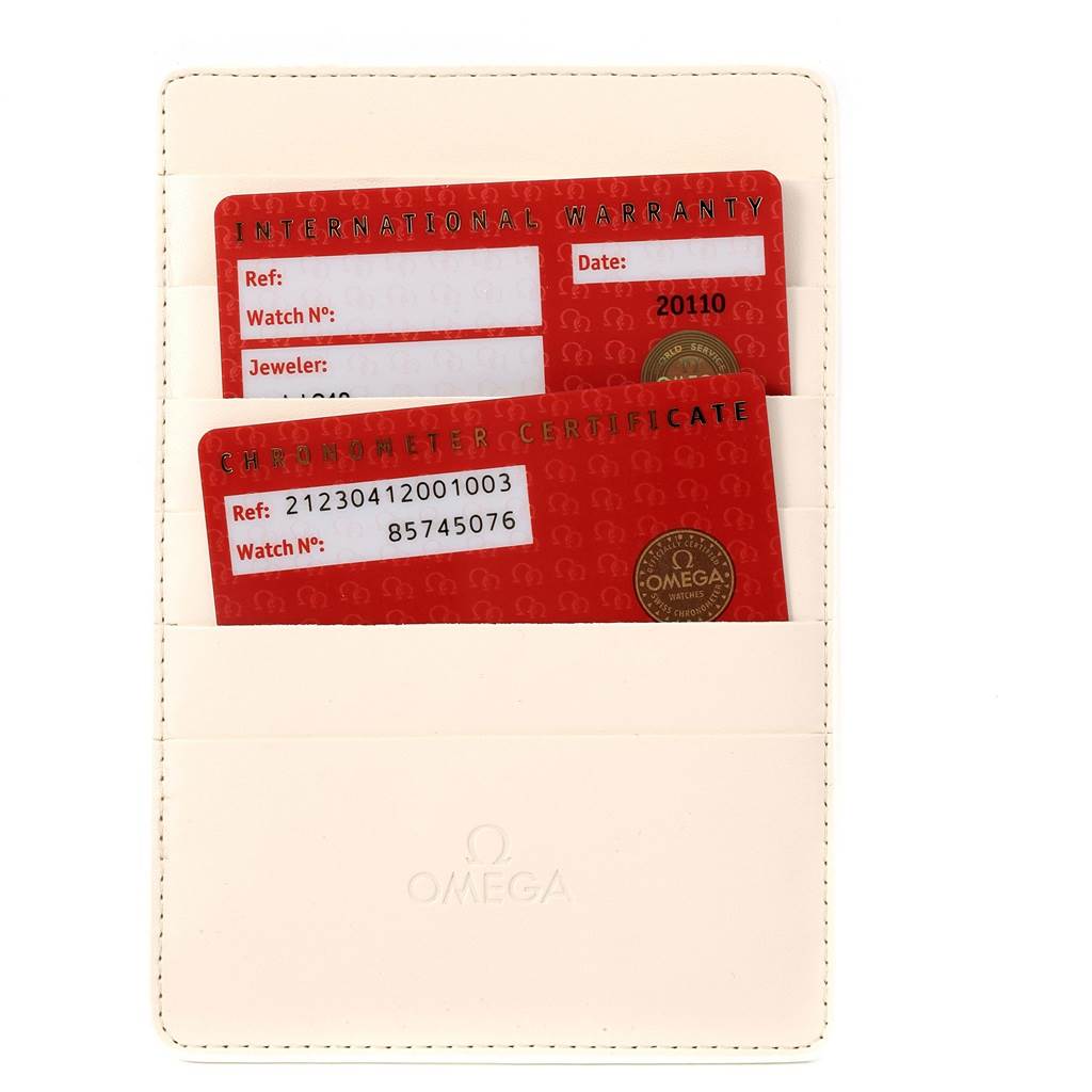 This image shows Omega Seamaster 212.30.41.20.01.003 Men
s Stainless Steel Black Dial 212.30.41.20.01.003 Men
s Stainless Steel Black Dial
s guarantee and certification cards in an Omega-branded holder.