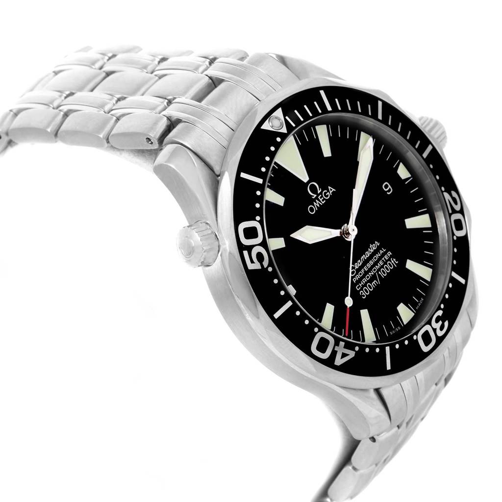 This image shows an angled view of an Omega Seamaster 2254.50.00 Men
s Stainless Steel Black Dial 2254.50.00 Men
s Stainless Steel Black Dial watch, highlighting the bezel, dial, and part of the metal bracelet.