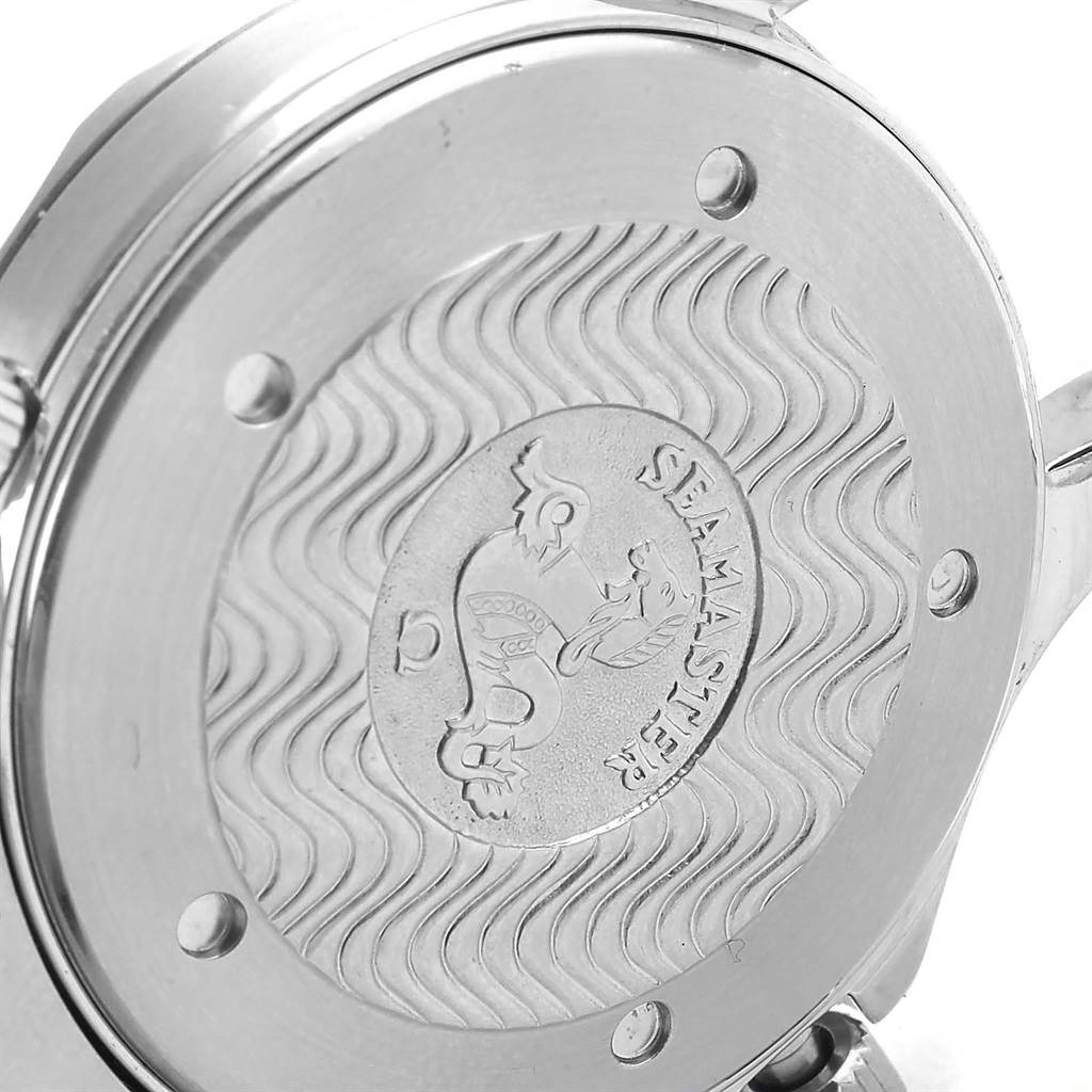 The image shows the back case of an Omega Seamaster 2254.50.00 Men
s Stainless Steel Black Dial 2254.50.00 Men
s Stainless Steel Black Dial watch, featuring its engraved design and branding.