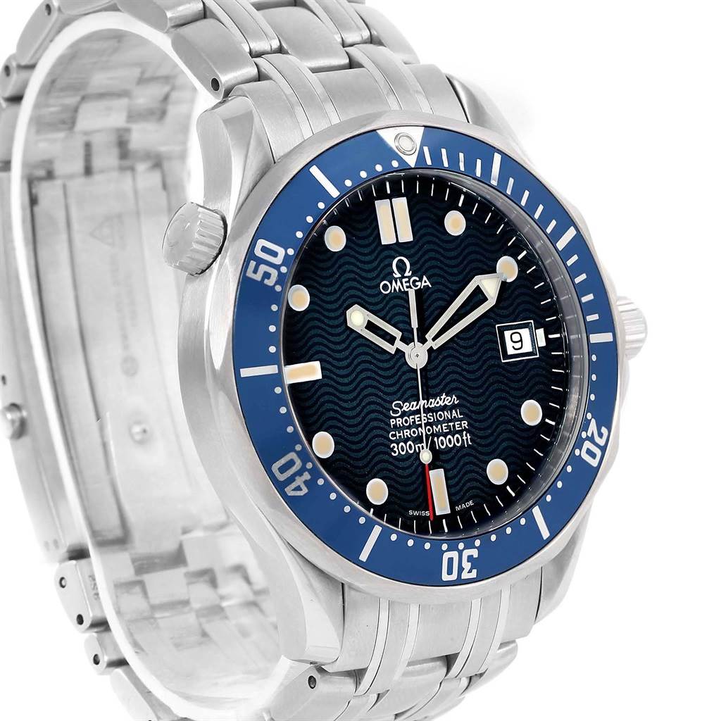The image shows an angled view of the Omega Seamaster 2531.80.00 Men
s Stainless Steel Blue Dial 2531.80.00 Men
s Stainless Steel Blue Dial watch, highlighting the dial, bezel, case, crown, and part of the bracelet.