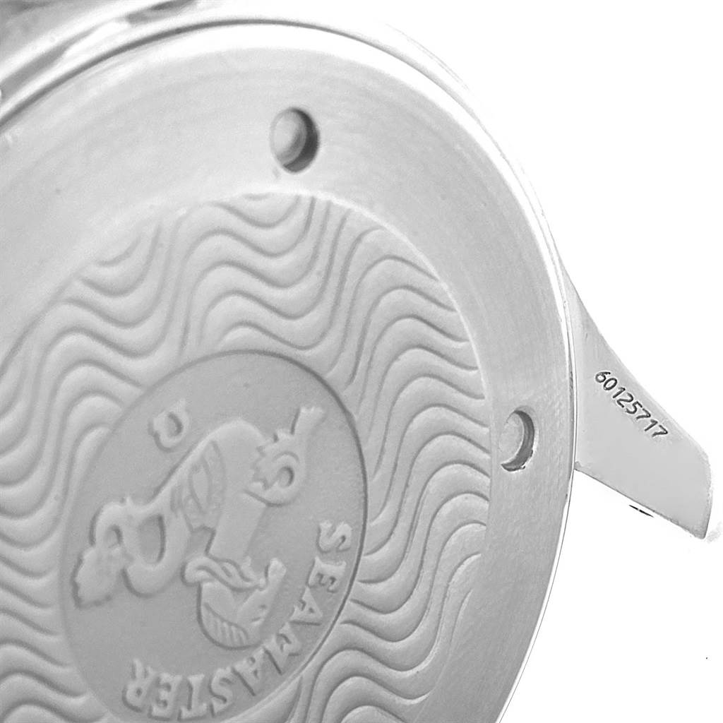 This image shows the engraved case back and part of the lugs of an Omega Seamaster 2531.80.00 Men
s Stainless Steel Blue Dial 2531.80.00 Men
s Stainless Steel Blue Dial watch.