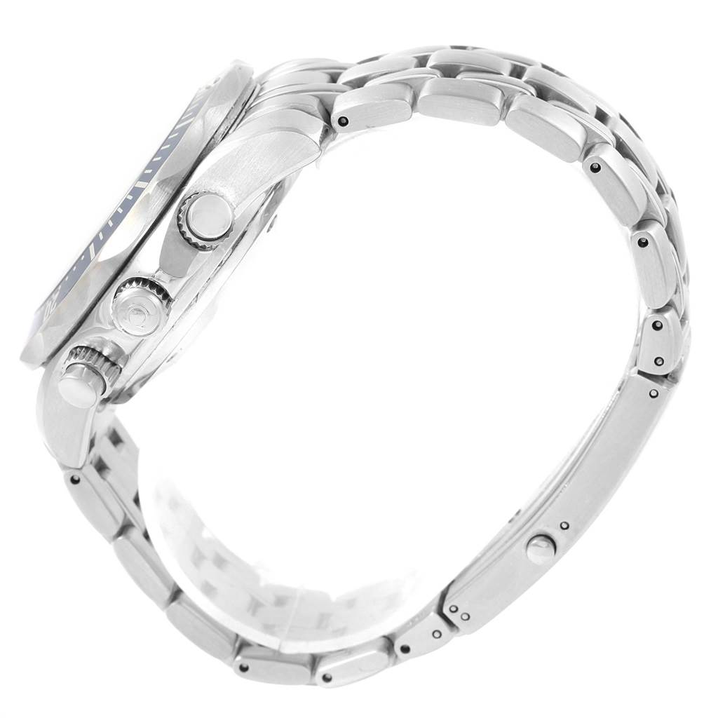 The image shows a side view of an Omega Seamaster 2599.80.00 Men
s Stainless Steel Blue Dial 2599.80.00 Men
s Stainless Steel Blue Dial watch, highlighting the stainless steel case, crown, pushers, and bracelet.