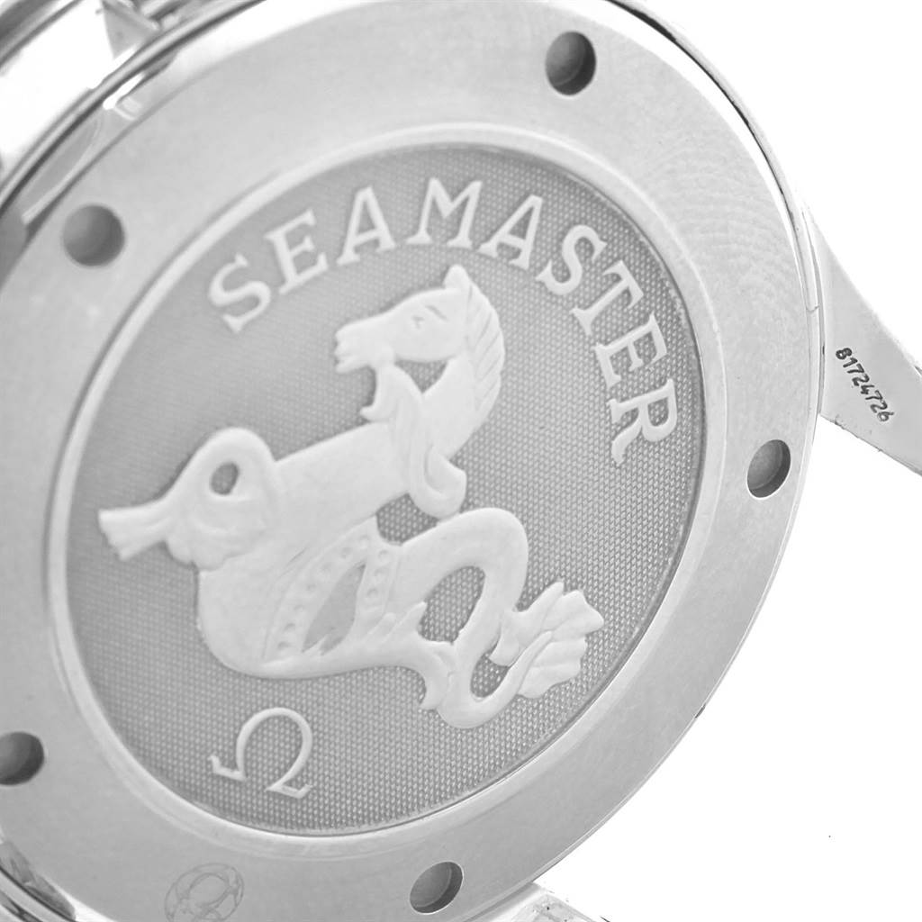 The image shows the back case of an Omega Seamaster 2220.80.00 Men
s Stainless Steel Blue Dial 2220.80.00 Men
s Stainless Steel Blue Dial watch with the logo and engravings visible.