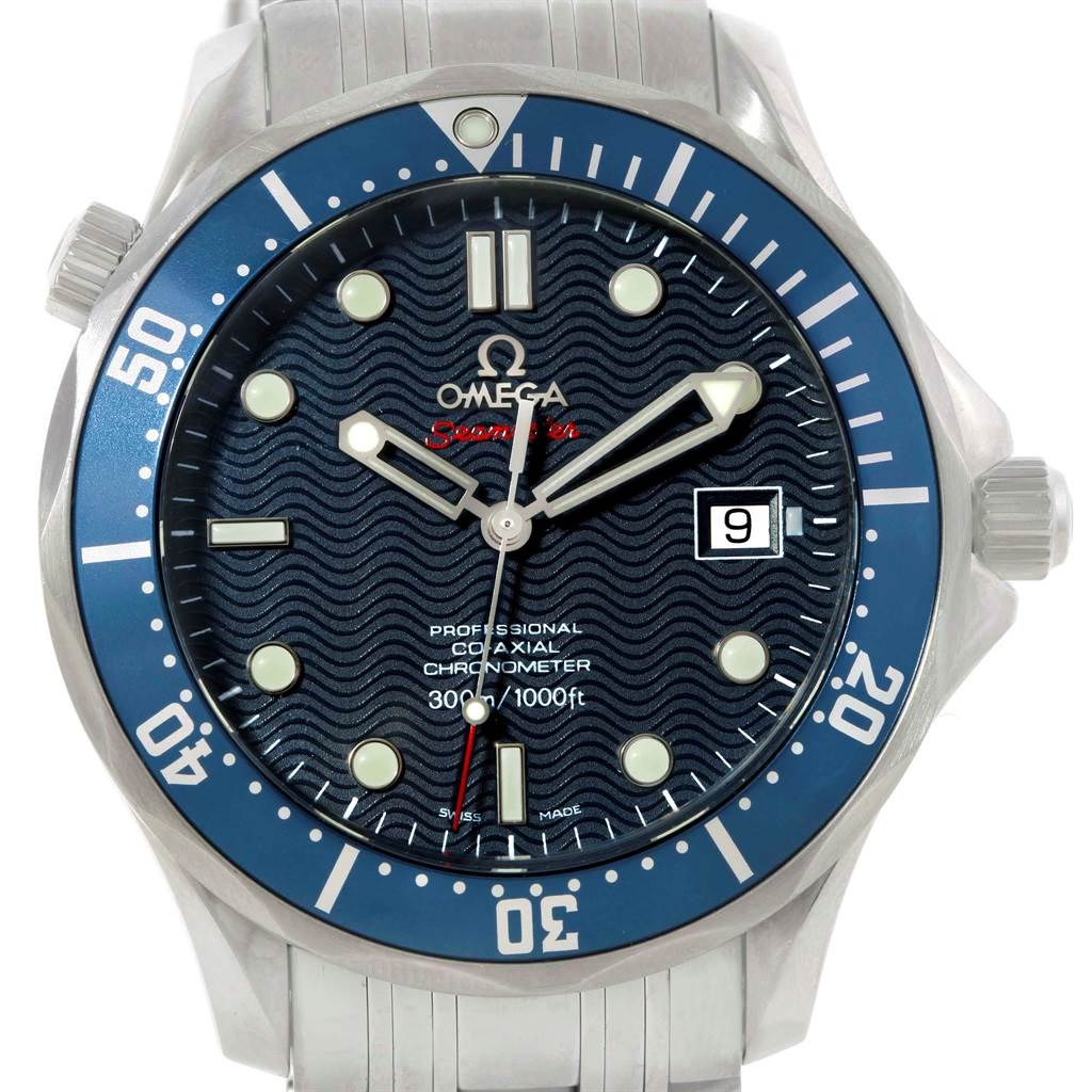 This Omega Seamaster 2220.80.00 Men
s Stainless Steel Blue Dial 2220.80.00 Men
s Stainless Steel Blue Dial watch is shown from a front angle, highlighting the face, bezel, and stainless steel strap.