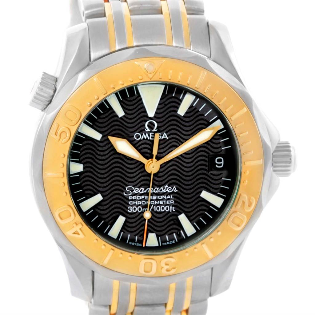 This image shows a front view of the Omega Seamaster Men
s Stainless Steel Black Dial Men
s Stainless Steel Black Dial watch, highlighting the bezel, dial, hands, and part of the bracelet.