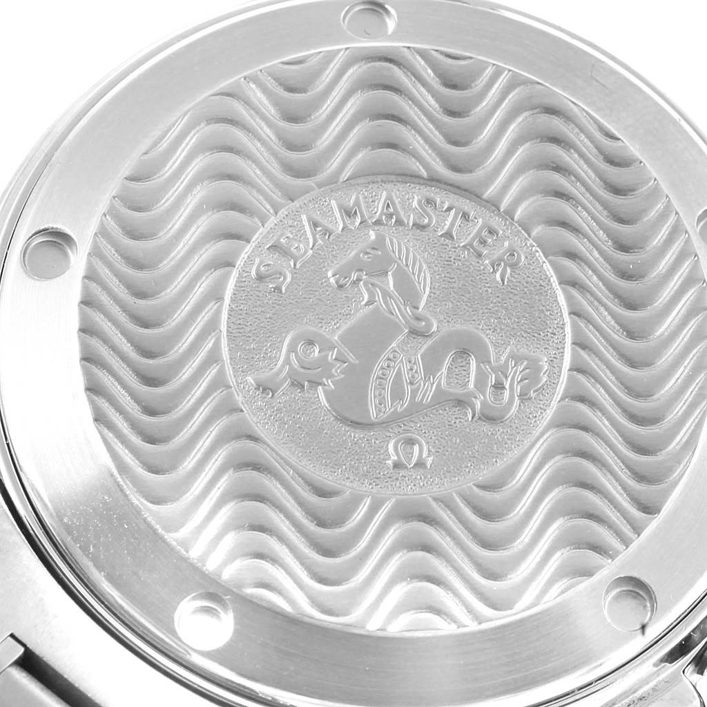 This image shows the case back of the Omega Seamaster Men
s Stainless Steel Black Dial Men
s Stainless Steel Black Dial watch from a close-up angle.