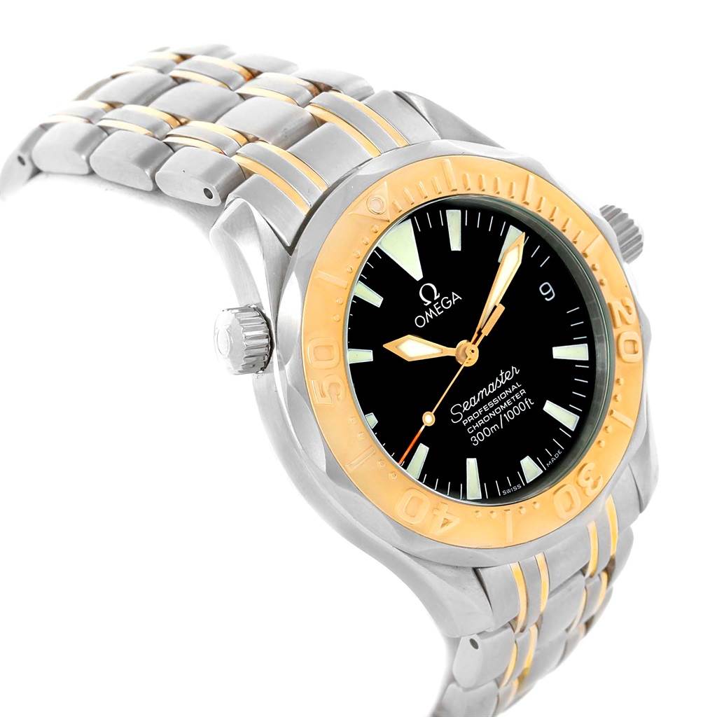 The image shows a front angle view of an Omega Seamaster Men
s Stainless Steel Black Dial Men
s Stainless Steel Black Dial watch, displaying its face, bezel, crown, and bracelet.