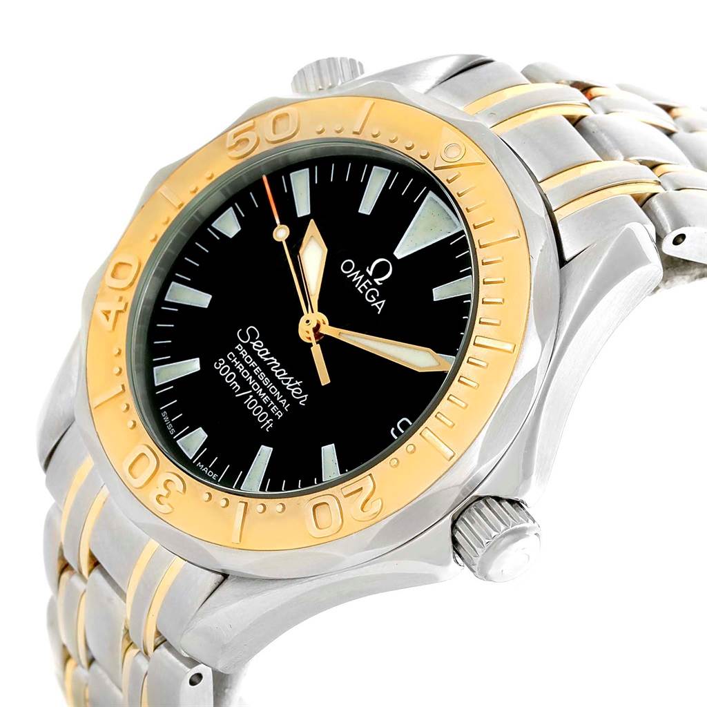 The image shows an Omega Seamaster Men
s Stainless Steel Black Dial Men
s Stainless Steel Black Dial watch at an angle, highlighting the dial, bezel, crown, and part of the bracelet.