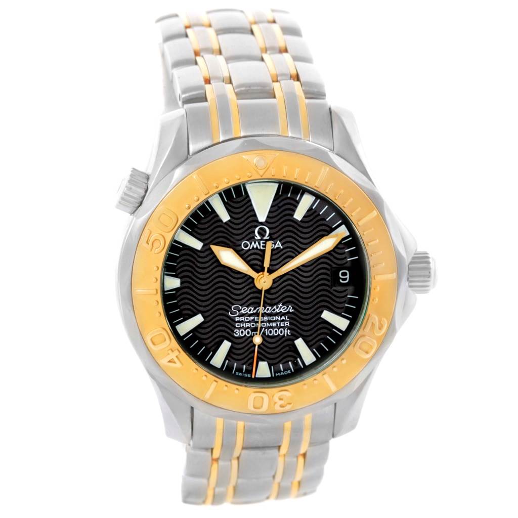 The image shows a front view of the Omega Seamaster Men
s Stainless Steel Black Dial Men
s Stainless Steel Black Dial watch, highlighting the dial, bezel, and bracelet.