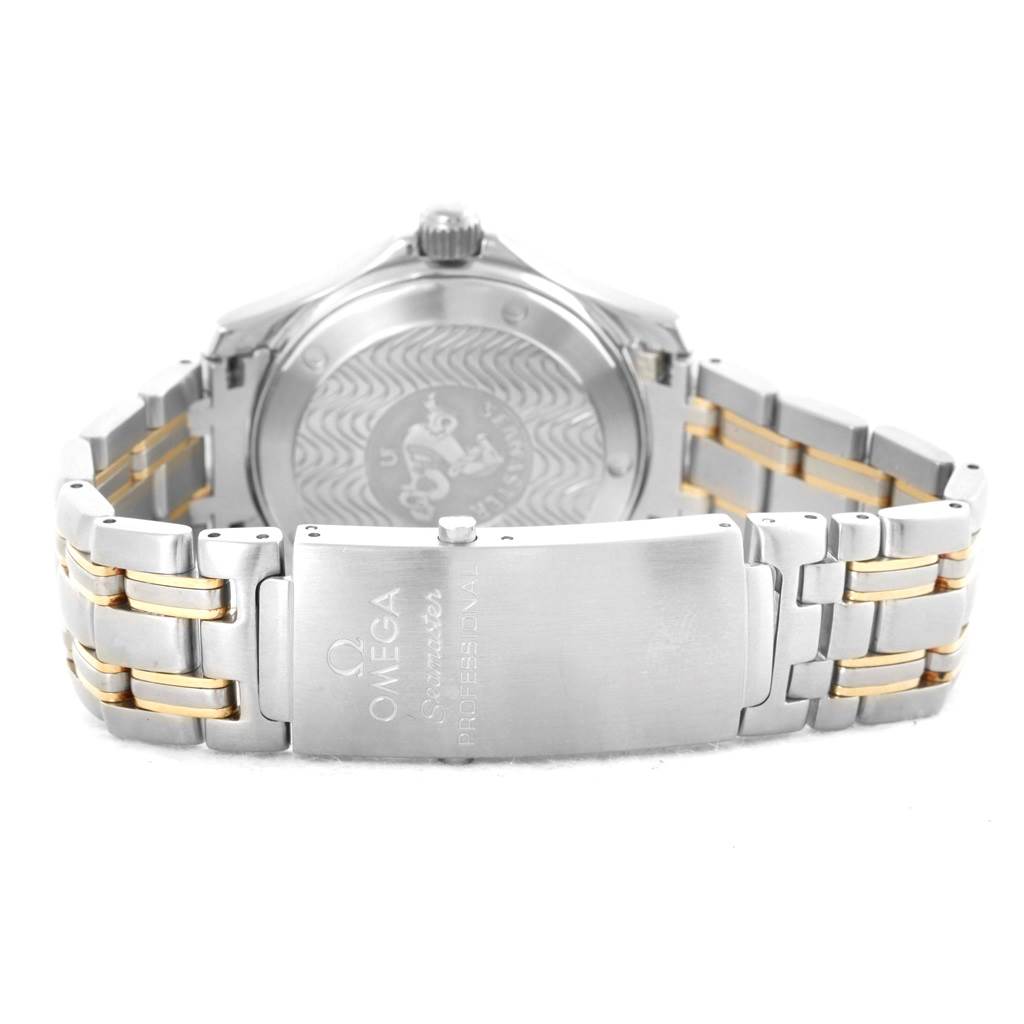 The image shows the back view of an Omega Seamaster Men
s Stainless Steel Black Dial Men
s Stainless Steel Black Dial watch with its bracelet and clasp visible.