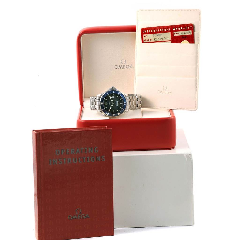 The Omega Seamaster 2537.80.00 Men
s Stainless Steel Blue Dial 2537.80.00 Men
s Stainless Steel Blue Dial watch is pictured front-facing in its box, alongside the operating instructions and international warranty card.