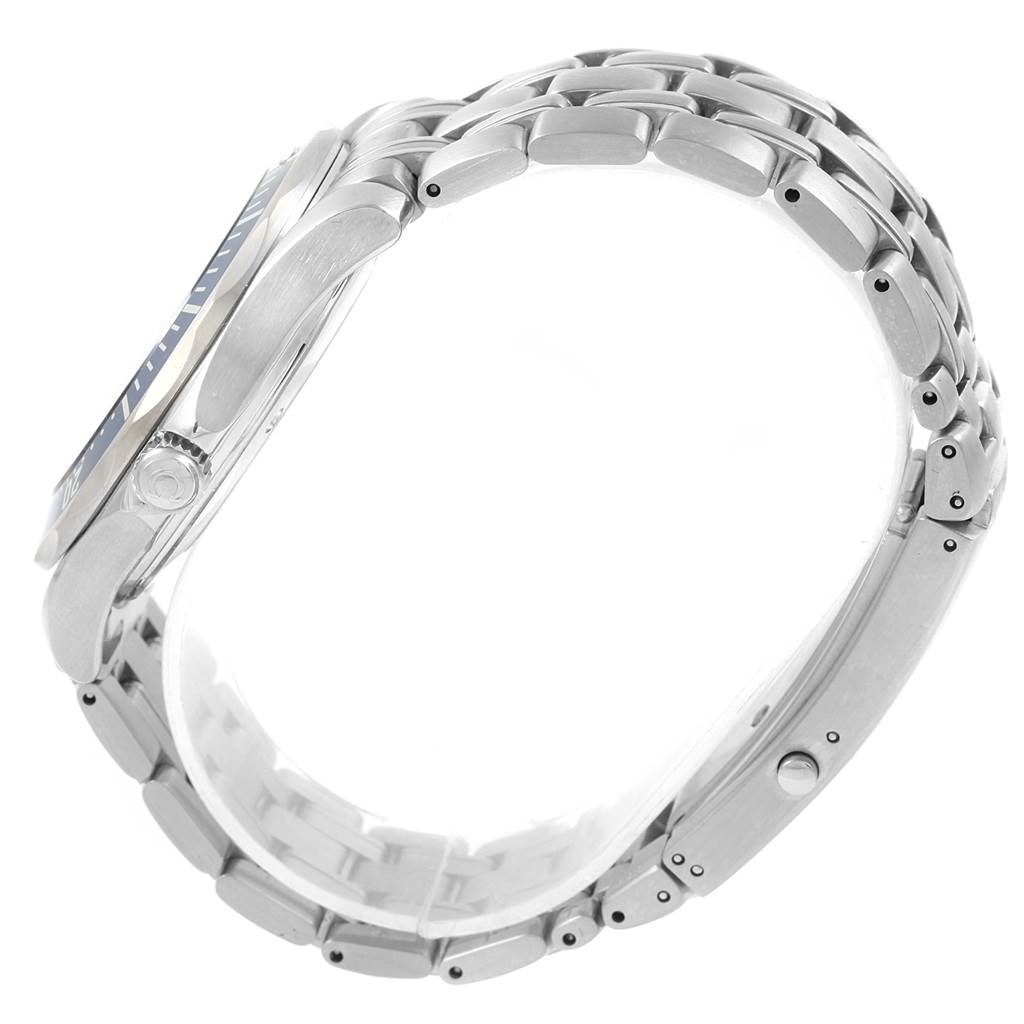 The image shows a side view of the Omega Seamaster 2537.80.00 Men
s Stainless Steel Blue Dial 2537.80.00 Men
s Stainless Steel Blue Dial watch, highlighting its bracelet and case.