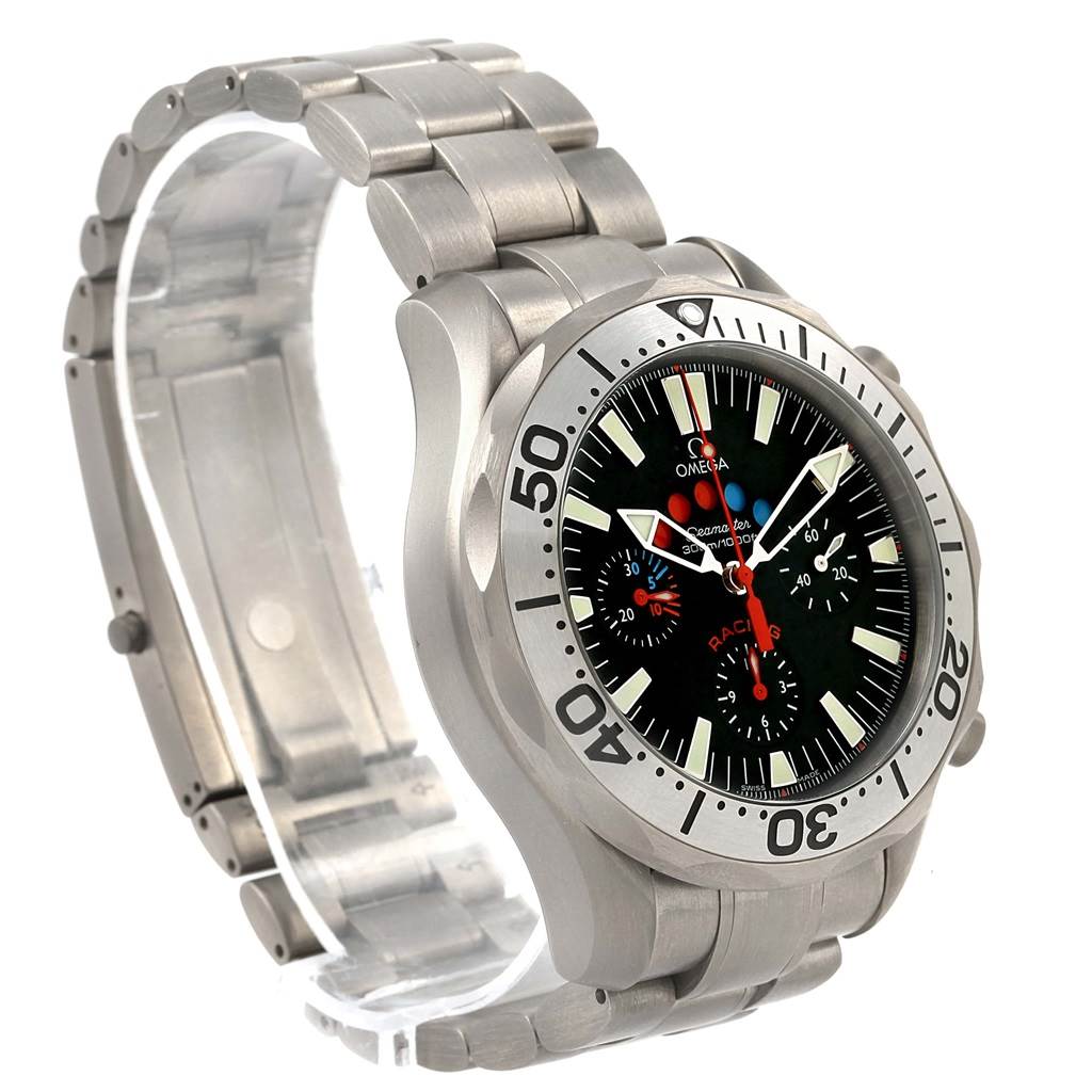 This image shows the Omega Seamaster 2269.52.00 Men's Titanium Black Dial 2269.52.00 Men's Titanium Black Dial watch from a front and left-side angle, highlighting the bracelet and dial.