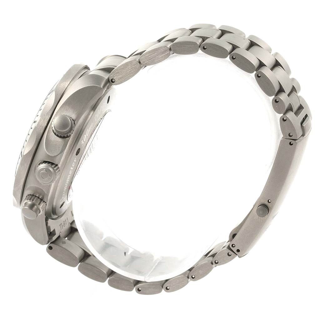 This image shows a side view of the Omega Seamaster 2269.52.00 Men's Titanium Black Dial 2269.52.00 Men's Titanium Black Dial watch, highlighting its metal bracelet and pushers.