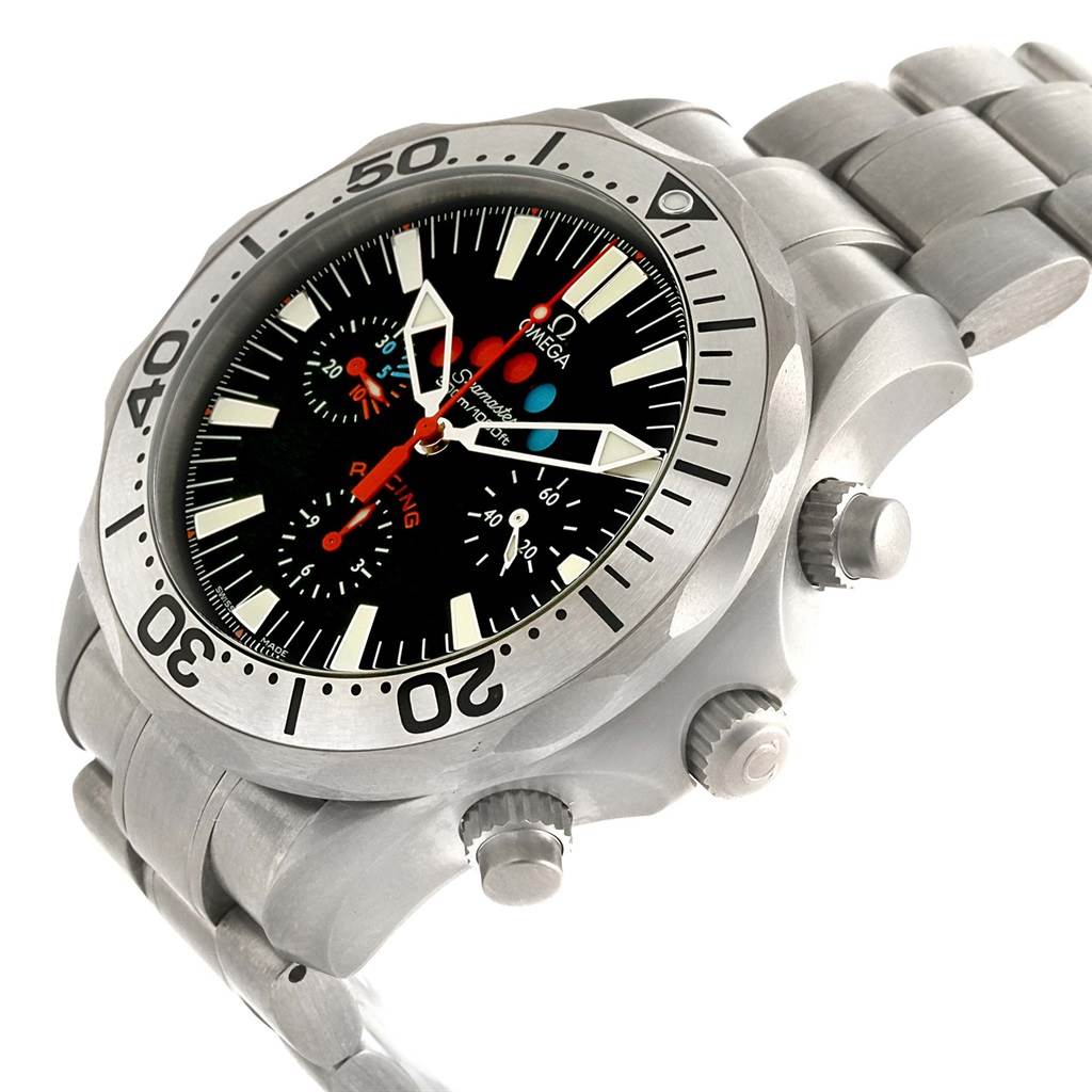 The photo shows an angled view of an Omega Seamaster 2269.52.00 Men's Titanium Black Dial 2269.52.00 Men's Titanium Black Dial watch, highlighting the bezel, dial, subdials, and crown. 