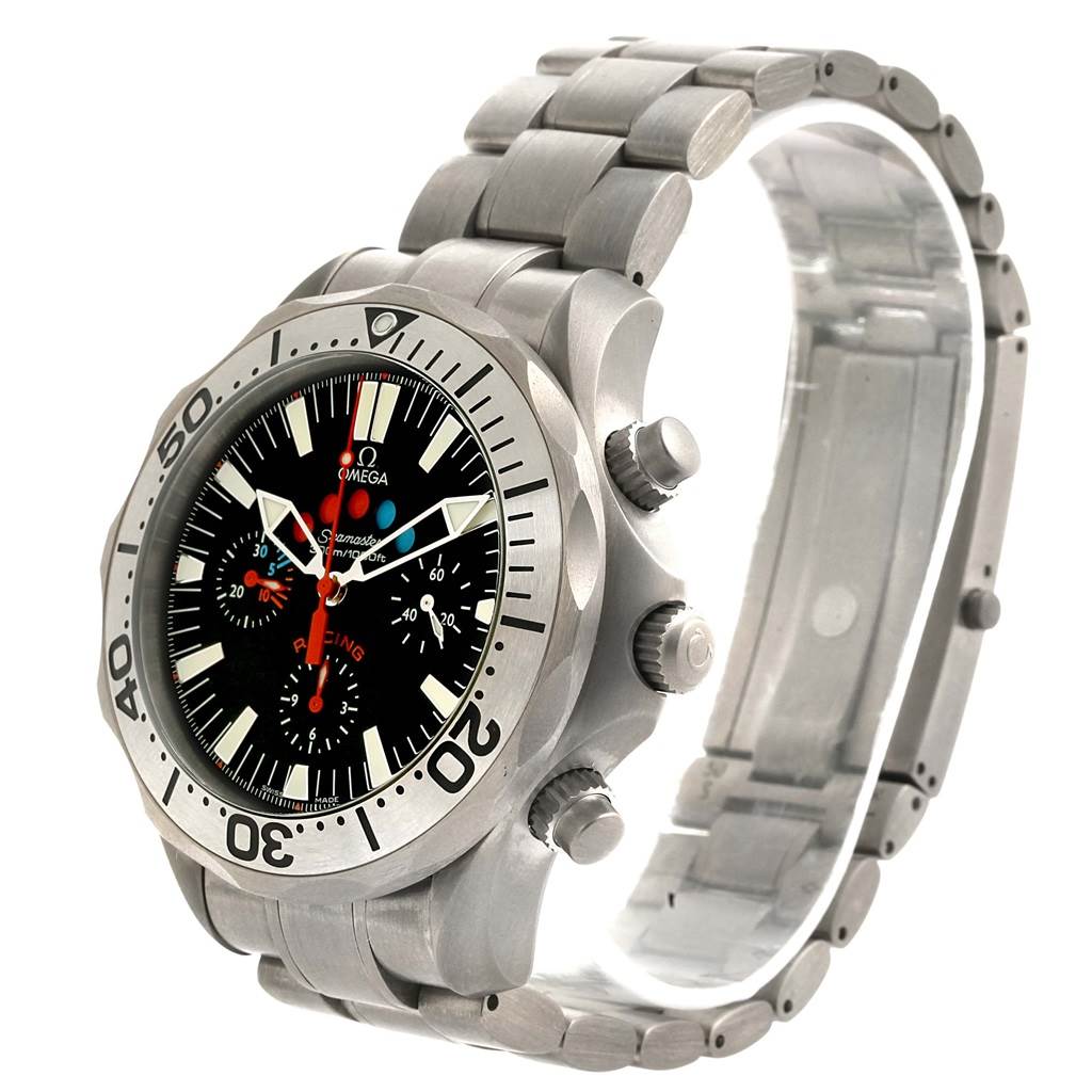 This image shows a side and front view of the Omega Seamaster 2269.52.00 Men's Titanium Black Dial 2269.52.00 Men's Titanium Black Dial watch, highlighting the bezel, dial, and metal bracelet.