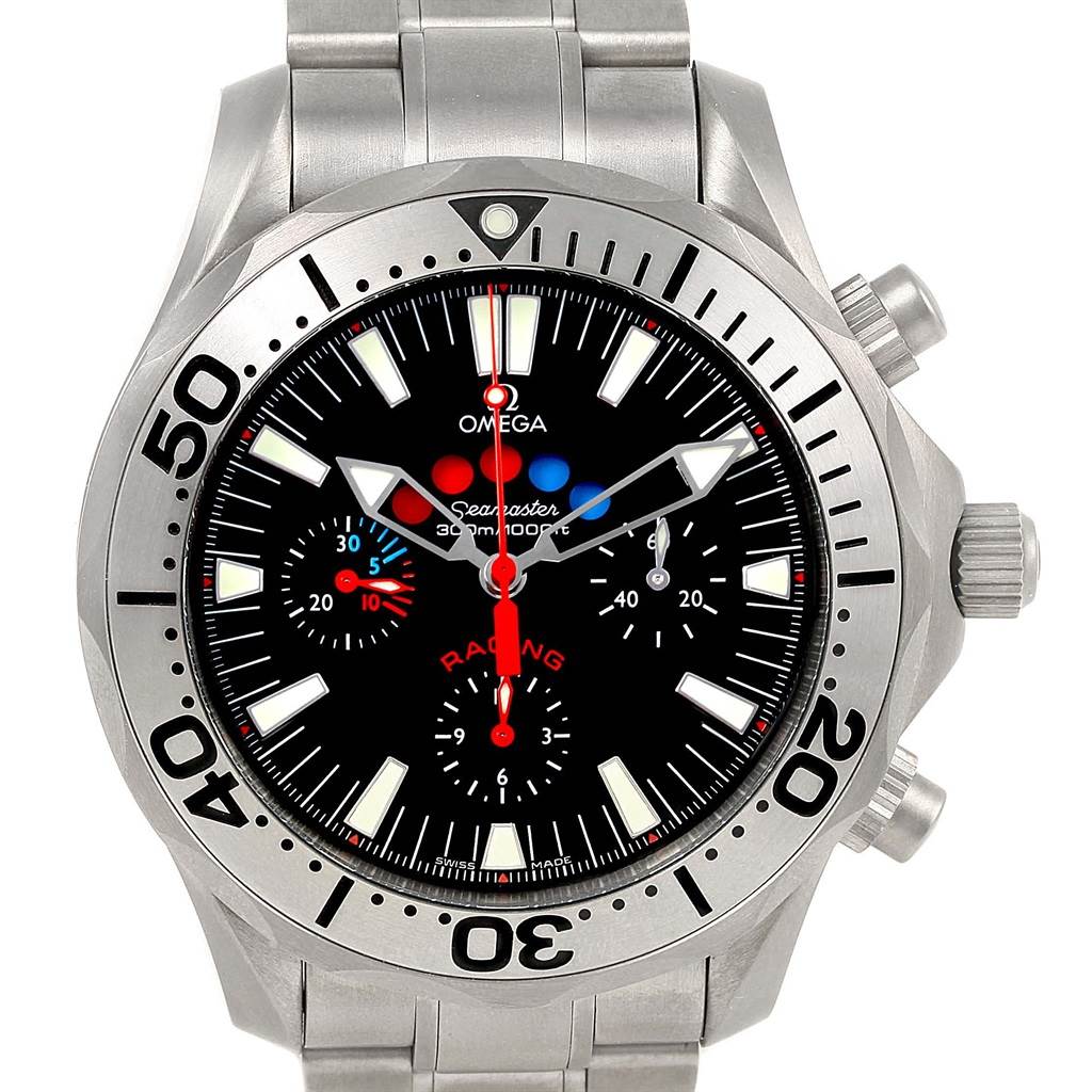The image shows a front view of the Omega Seamaster 2269.52.00 Men's Titanium Black Dial 2269.52.00 Men's Titanium Black Dial watch, highlighting its dial, bezel, and metal bracelet.