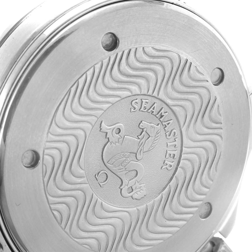 This image shows the engraved case back of the Omega Seamaster 2531.80.00 Men
s Stainless Steel Blue Dial 2531.80.00 Men
s Stainless Steel Blue Dial watch, viewed from a close-up angle.