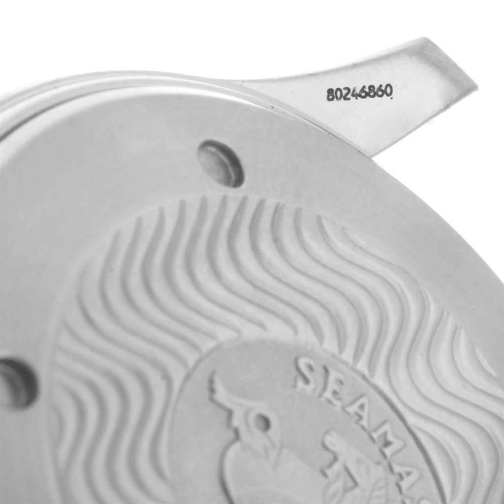 This image shows a close-up of the case back of an Omega Seamaster 2531.80.00 Men
s Stainless Steel Blue Dial 2531.80.00 Men
s Stainless Steel Blue Dial watch, featuring its wavy pattern and serial number.