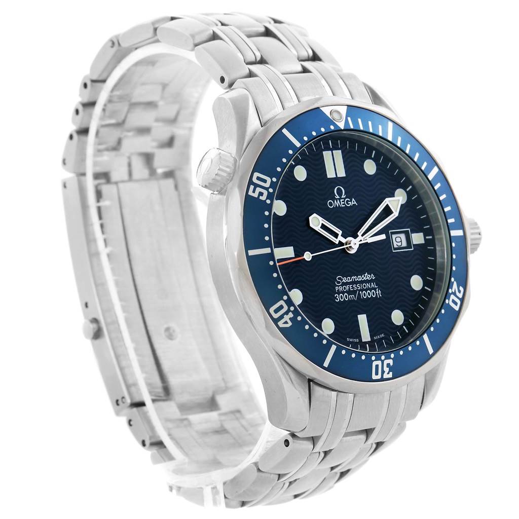 The Omega Seamaster 2541.80.00 Men
s Stainless Steel Blue Dial 2541.80.00 Men
s Stainless Steel Blue Dial watch is shown at a side angle highlighting its face, bezel, and stainless steel bracelet.